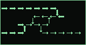 a figure with two feedback loops crossed and linked in the middle, each ridge running back into the other; inputs at left, a broken output tail at lower right